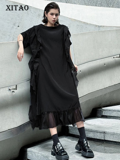 XITAO Irregular Patchwork Ruffles Mesh Dress Solid Color O-neck Loose Casual Temperament Personality Summer Woman Dress ZMY1270