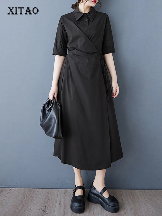 XITAO Loose Folds Vintage Shirt Dress Casual Patchwork Solid Color Temperament Slimming Women Simple Sweet Dress ZMY1068