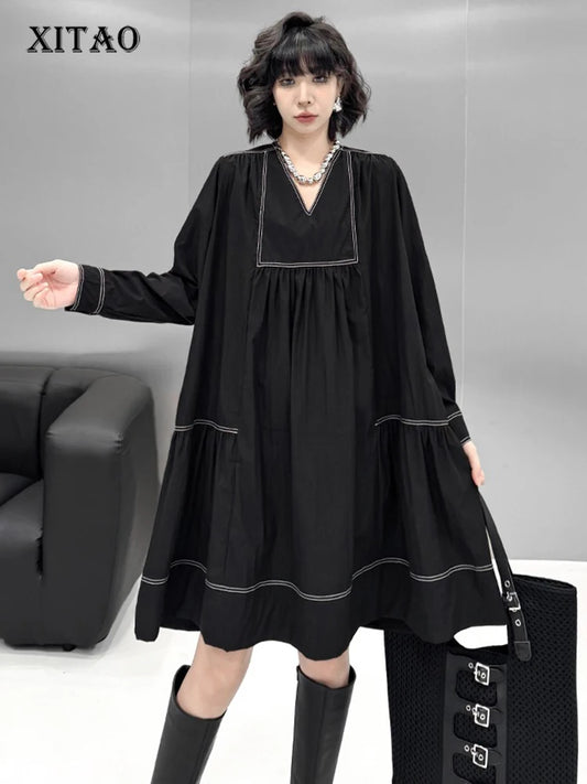 XITAO Loose V-neck Folds Female Dress Elegant Temperament A-line Women  Fashion Slimming Long Sleeve Pullover GMM1322