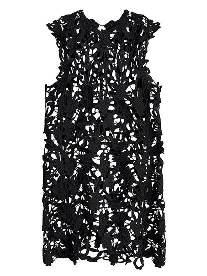 XITAO Hollow Out O-neck Sleeveless Dress Casual Solid Color French Style A-line Vintage Lace New Summer Female Dress GYX1553