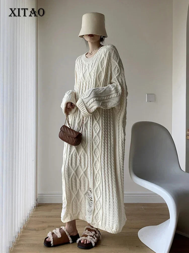 XITAO Hollow Out Loose Knitted Dress Female Comfortable Solid Color Straight O-neck Long Sleeved Pullover Fashion Dress ZZ0118