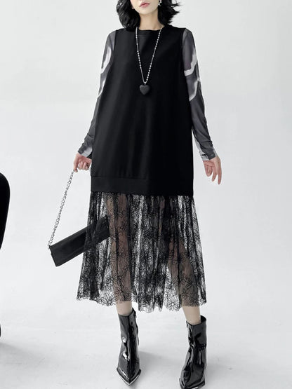 XITAO Mesh Patchwork O-neck Female Dress Simple Temperament Sleeveless Women Summer Fashion Solid Color Slimming Dress ZMY1165