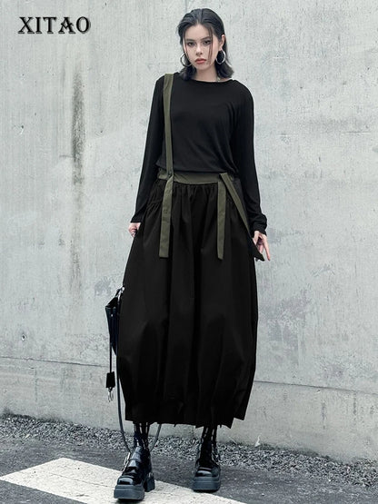 XITAO Straps Pleated Contrast Color Skirt Casual Loose Fitting A-line Elastic Waist Leisure Summer Female Skirt GYX1540