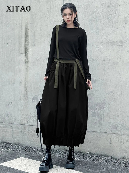 XITAO Straps Pleated Contrast Color Skirt Casual Loose Fitting A-line Elastic Waist Leisure Summer Female Skirt GYX1540