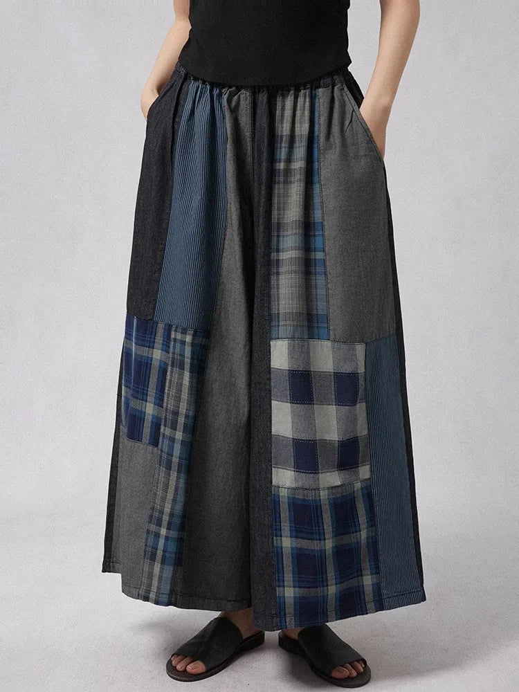 XITAO Patchwork Plaid Loose Pants Contrast Color Elastic Waist New Arrival Summer All-match Woman Wide Leg Pants ZMY1238