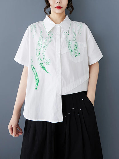 XITAO Contrast Color Print Patchwork Women Shirt Turn-down Collar Short Sleeve Vintage Loose All Match Casual Top HQQ2452
