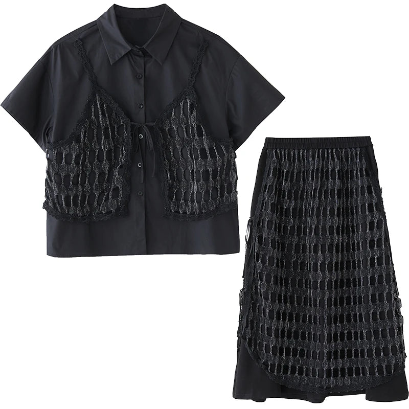 XITAO Patchwork Hollow Out Lapel Dress Set Casual Short Sleeve A-line Elastic Waist Korean Version Spring Women Set GYX1627