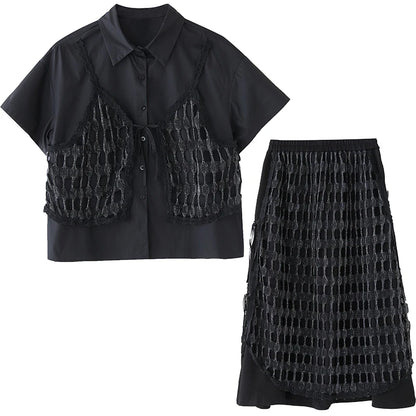 XITAO Patchwork Hollow Out Lapel Dress Set Casual Short Sleeve A-line Elastic Waist Korean Version Spring Women Set GYX1627
