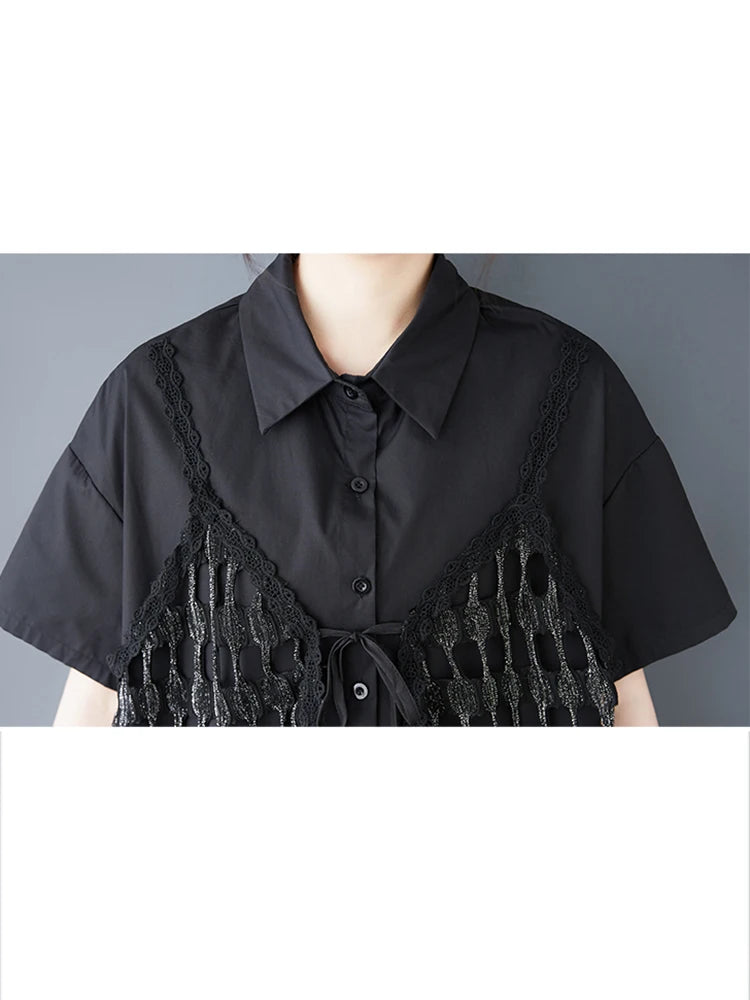 XITAO Patchwork Hollow Out Lapel Dress Set Casual Short Sleeve A-line Elastic Waist Korean Version Spring Women Set GYX1627