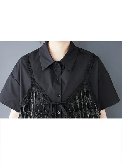 XITAO Patchwork Hollow Out Lapel Dress Set Casual Short Sleeve A-line Elastic Waist Korean Version Spring Women Set GYX1627