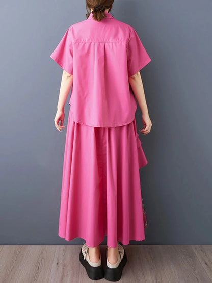 XITAO Asymmetrical Gauze Flower Sets Patchwork Embroidery Turn-down Collar Short Sleeve Loose Elegant Two-piece Sets HQQ2503