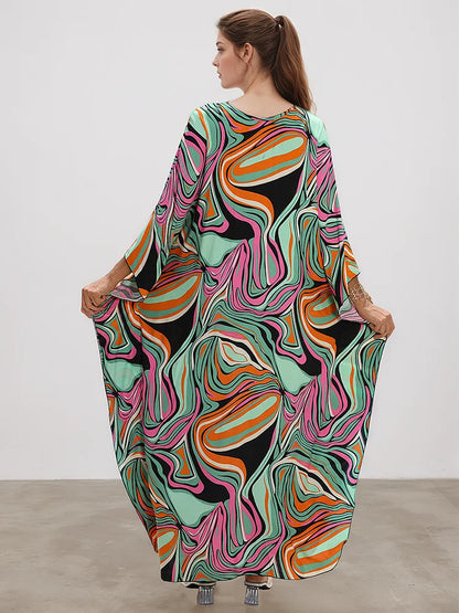 XITAO Vintage Print Contrast Color Dress V-neck Bat Wing Sleeve Loose Slimming Temperament Fashion Summer Woman Dress GJ1196