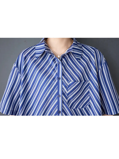 XITAO Patchwork Print Stripe Pullover Dress Turn-down Collar A-line Casual Half Sleeve Leisure New Summer Female Dress GYX1572