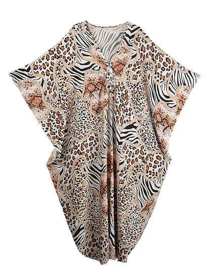 XITAO Leopard A-line Dress Vintage Side Slit V-neck Bat Wing Sleeve Loose Personality New Arrival Summer Woman Dress  GJ1172