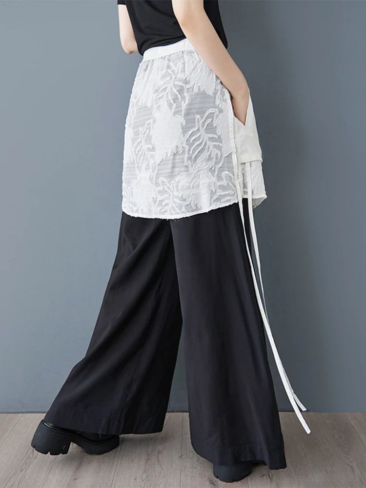 XITAO Patchwork Mesh Contrast Color Pant Casual Loose Wide Leg Fitting New Pocket Fashion Lace Spring Female Pant GYX1586