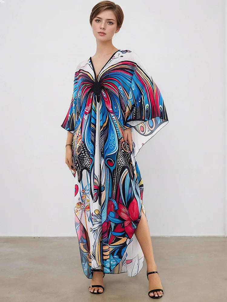XITAO A-line Bat Wing Sleeve Print Dress Contrast Color Fashion Loose V-neck Vintage Slimming Casual Summer Woman Dress  GJ1170