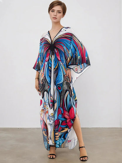 XITAO A-line Bat Wing Sleeve Print Dress Contrast Color Fashion Loose V-neck Vintage Slimming Casual Summer Woman Dress  GJ1170
