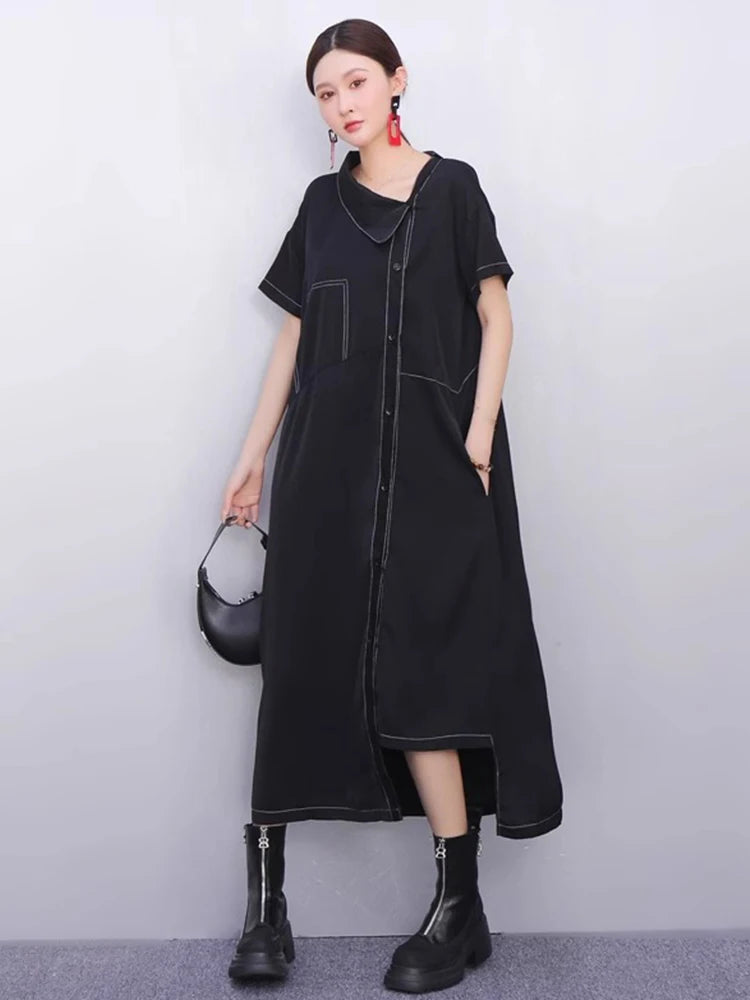 XITAO Irregular Single Breasted Dress Short Sleeve Vintage Loose Casual A-line Slimming Solid Color Summer Woman Dress ZMY1377