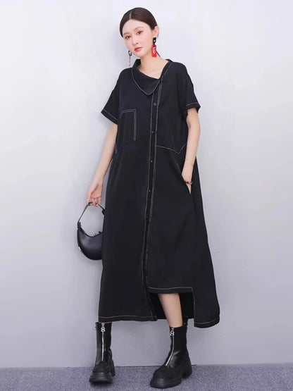 XITAO Irregular Single Breasted Dress Short Sleeve Vintage Loose Casual A-line Slimming Solid Color Summer Woman Dress ZMY1377