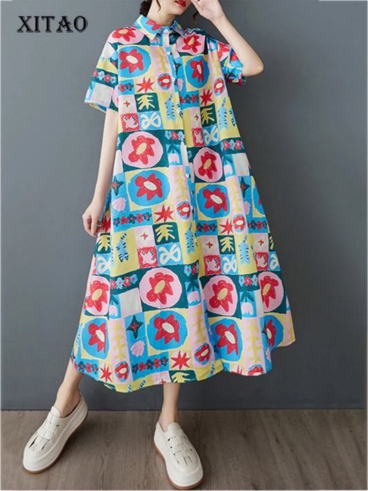 XITAO Print Flower Single Breasted Dress Turn-down Collar Casual New Korea Fashion A-line Short Sleeve Women Dress ZMY1133