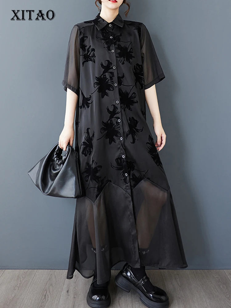 XITAO Gauze Loose Patchwork Female Dress Print Vintage Single Breasted All-match Half Sleeve Summer Woman Shirt Dress ZMY1242