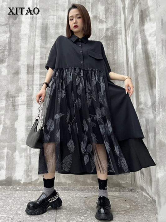 XITAO Mesh Patchwork Loose Female Dress Casual Turn-down Collar Single Breasted Women Summer Korea A-line Shirt Dress ZMY1081