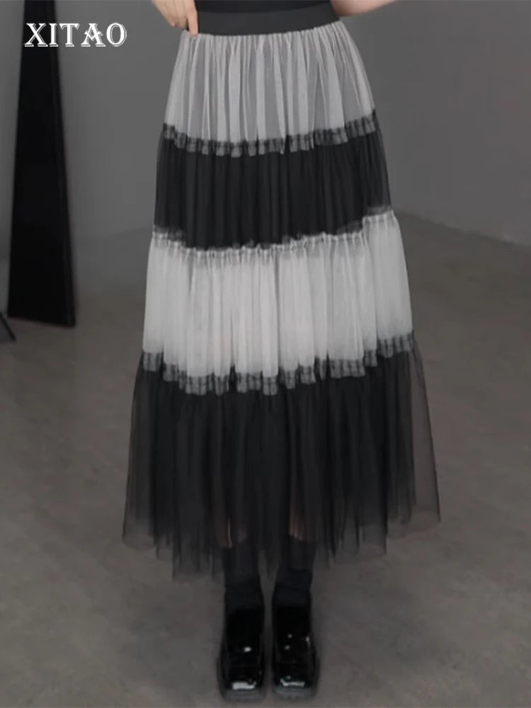 XITAO Patchwork Mesh A-line Skirt Casual Loose Fitting New Arrival Elastic Waist Fashion Personality Summer Women Skirt ZMY1143