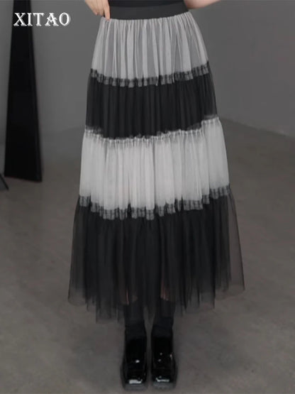 XITAO Patchwork Mesh A-line Skirt Casual Loose Fitting New Arrival Elastic Waist Fashion Personality Summer Women Skirt ZMY1143
