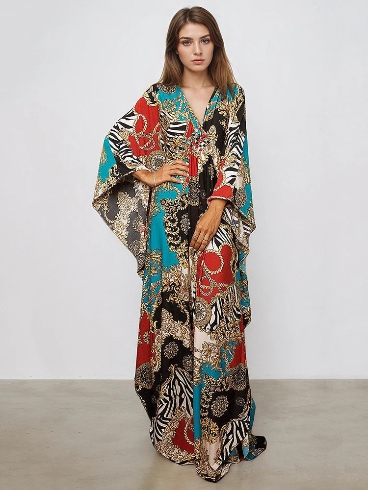 XITAO Bat Wing Sleeve V-neck Loose Dress Side Slit Vintage Print Pullover Temperament Summer Woman Ankle-length Dress GJ1188