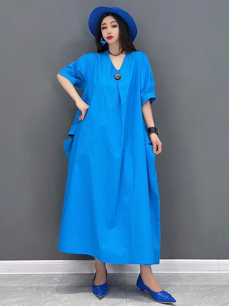 XITAO Casual V-neck Pocket Female Dress Loose Solid Color A-line Slimming Women Simple Temperament Short Sleeve Dress ZMY1079