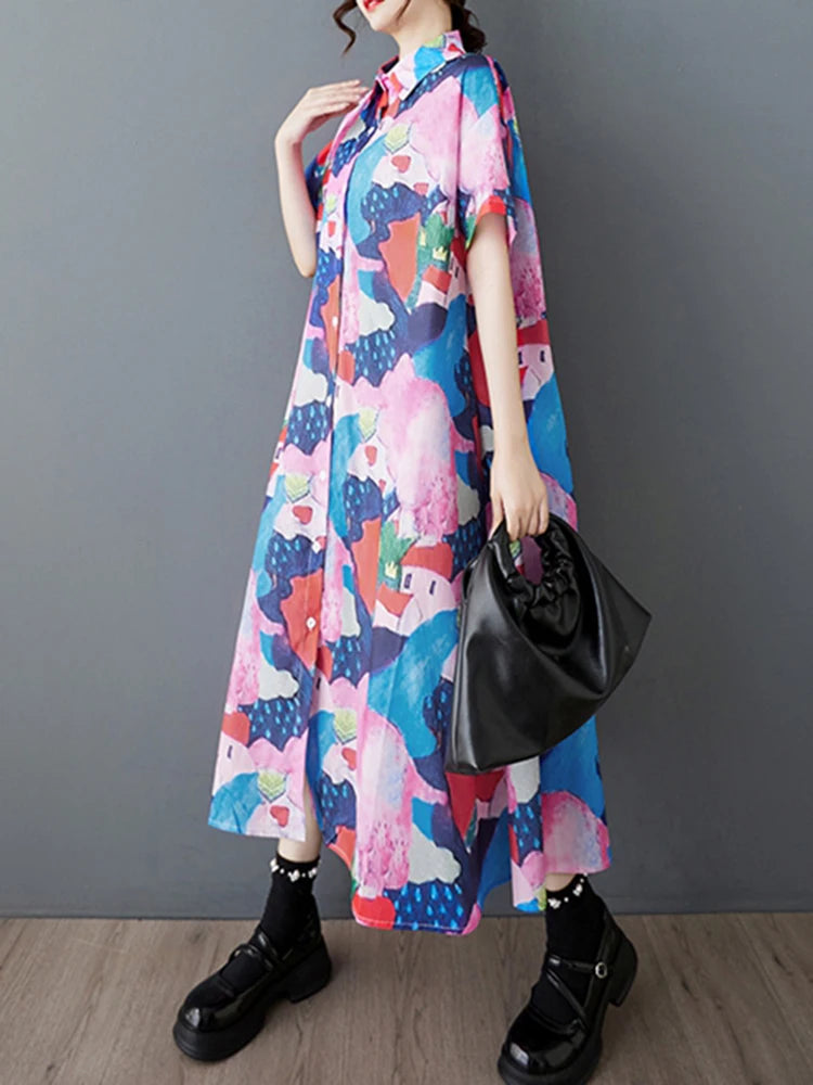 XITAO Loose Print Irregular Shirt Dress Casual A-line Single Breasted Women Summer Short Sleeve Turn-down Collar Dress ZMY1136