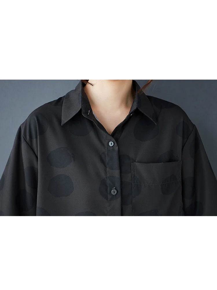 XITAO Polka Dot Print Pocket Patchwork Female Sets Turn-down Collar Short Sleeve Loose Top Elastic Waist Skirt HQQ2486