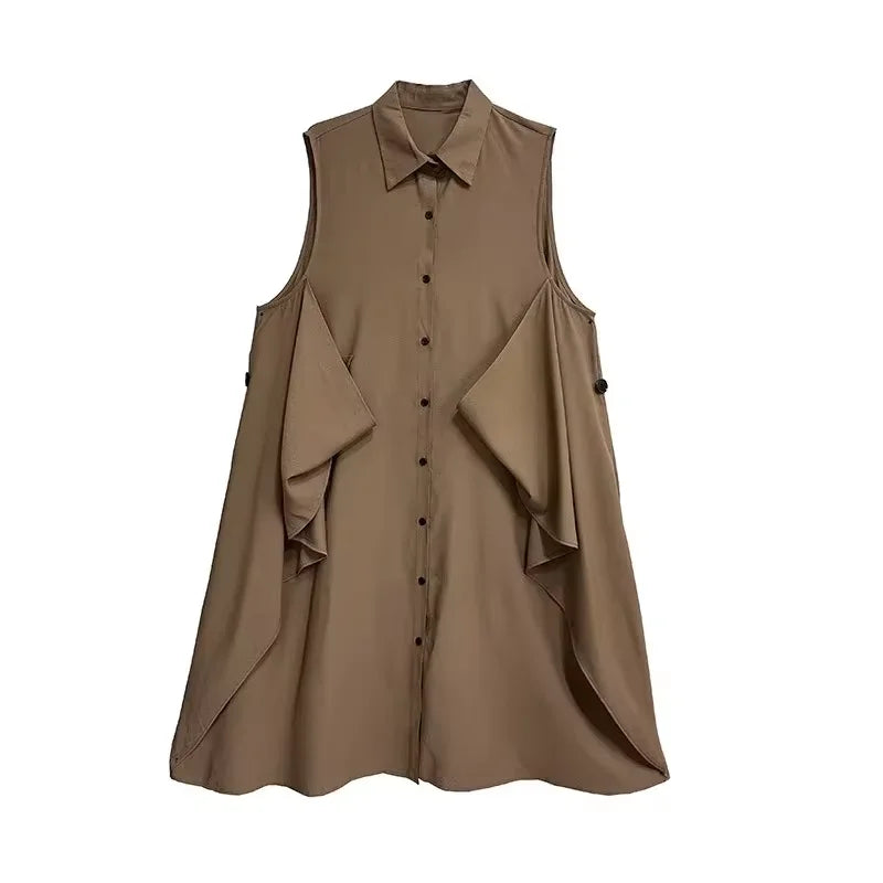 XITAO Patchwork Single Breasted Lapel Dress Casual Solid Color Sleeveless Fashion Loose Fitting Sweet Spring Women Dress GYX1530