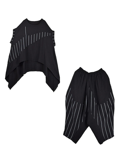 XITAO Irregular Striped Print Sets Patchwork O-neck Short Sleeve Loose Slimming Elastic Waist Two-piece Woman Sets ZMY1318
