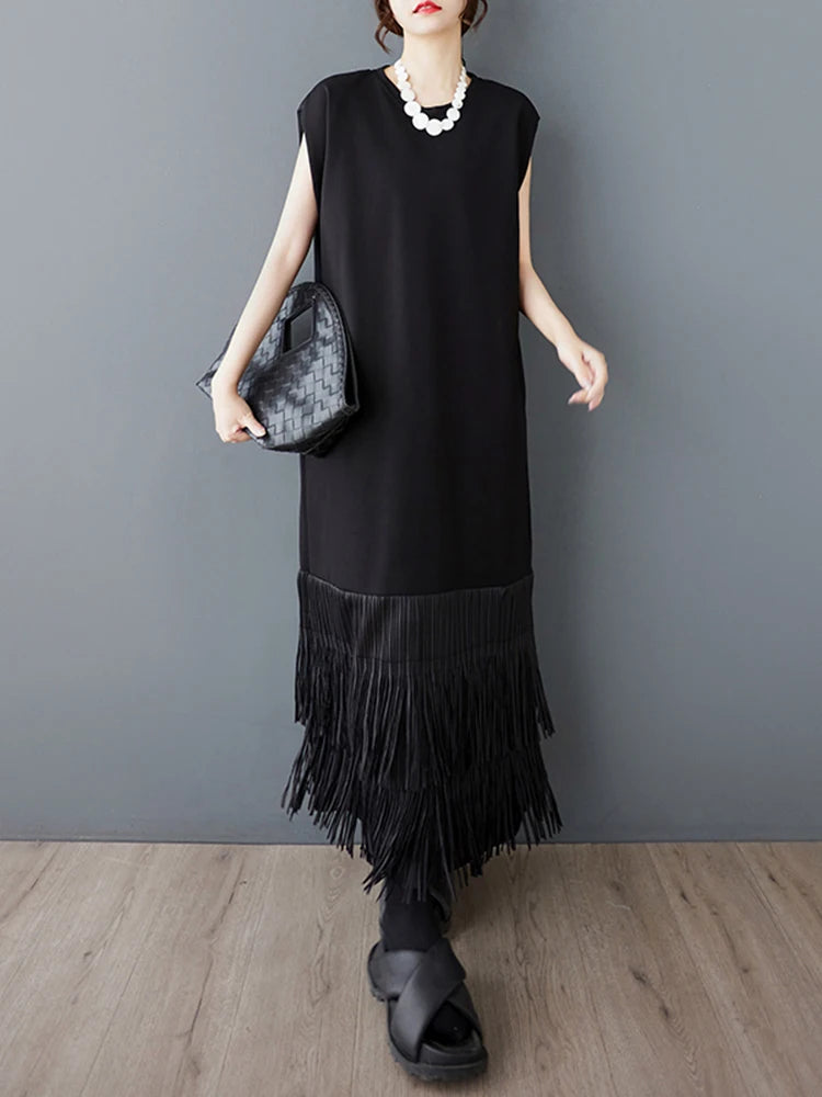 XITAO Patchwork Tassels O-neck Dress Casual Solid Color A-line Sleeveless Personality Pullover New Summer Women Dress ZMY1197