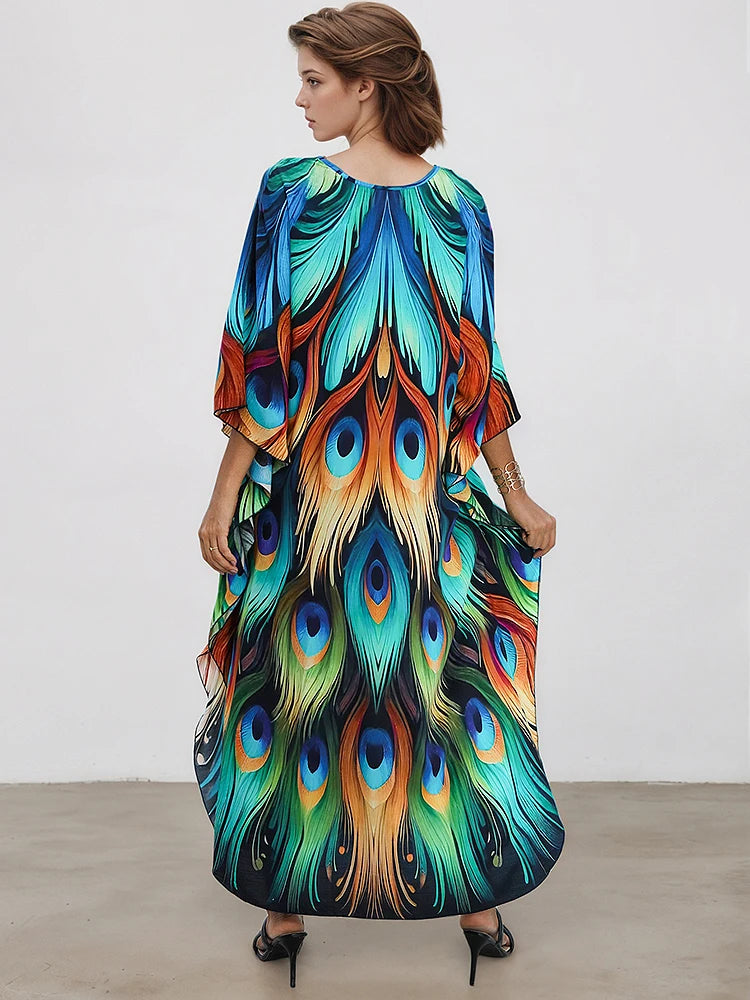 XITAO Print Vintage V-neck Dress Temperament Pullover Loose Side Slit Bat Wing Sleeve Summer Woman Ankle-length Dress GJ1205