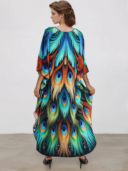 XITAO Print Vintage V-neck Dress Temperament Pullover Loose Side Slit Bat Wing Sleeve Summer Woman Ankle-length Dress GJ1205