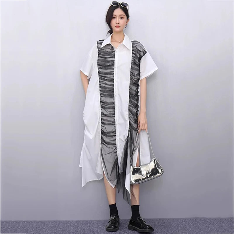 XITAO Irregular Patchwork Lace Mesh Female Dress Contract Color Loose Sweet Pleated Short Sleeve Summer Women Dress GYX1644