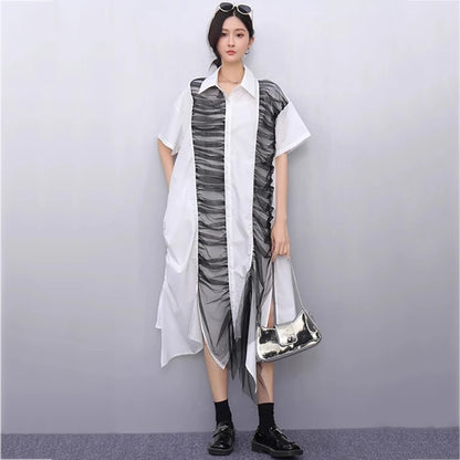 XITAO Irregular Patchwork Lace Mesh Female Dress Contract Color Loose Sweet Pleated Short Sleeve Summer Women Dress GYX1644