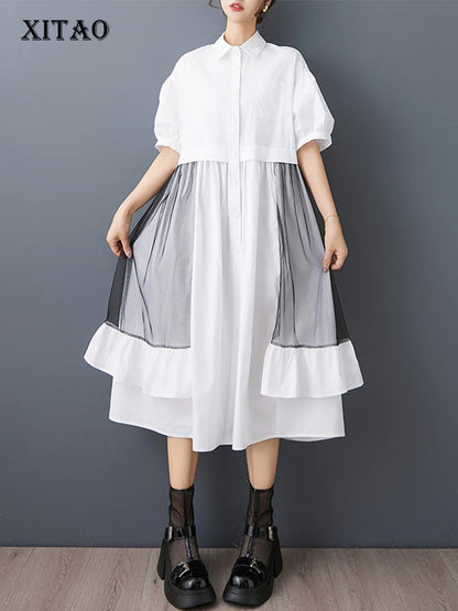 XITAO Patchwork Gauze Irregular Female Dress Turn-down Collar Single Breasted Loose Ruffles Summer Woman Shirt Dress ZMY1229