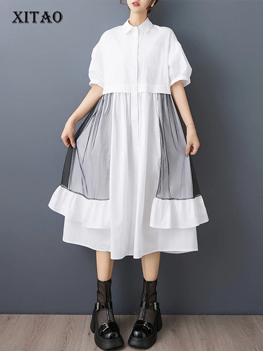 XITAO Patchwork Gauze Irregular Female Dress Turn-down Collar Single Breasted Loose Ruffles Summer Woman Shirt Dress ZMY1229