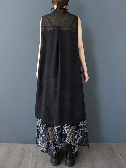 XITAO Embroidery Patchwork Irregular Sets Gauze Sleeveless Turn-down Collar Elastic Waist Temperament Elegant Woman Sets ZMY1267