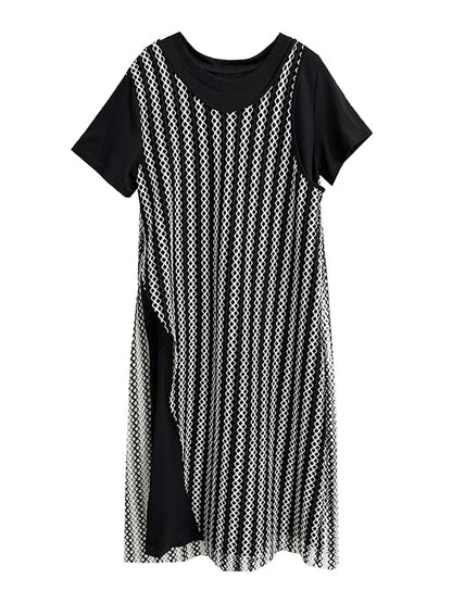 XITAO Contrasting Color Patchwork Dress Loose Casual Vintage Fashion New Short Sleeve Pullover O-neck Slimming Dress DMJ4082