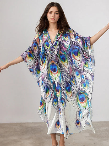XITAO Irregular Cartoon Printing Bat Sleeve Dress Women Autumn Thin Beach V-neck Pullover Three Quarter Sleeve Dress GJ1206