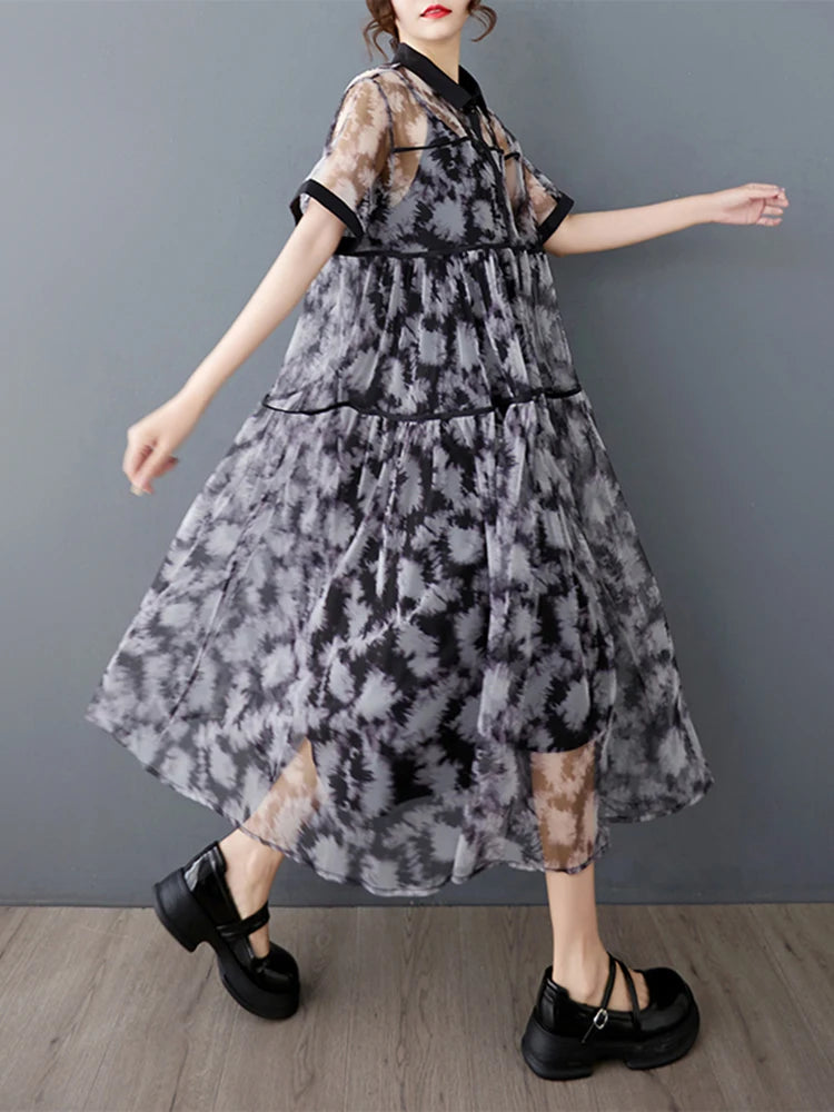 XITAO Print Patchwork Gauze Two Piece Dress Loose Short Sleeve Single Breasted New Temperament Summer Woman Dress ZMY1243