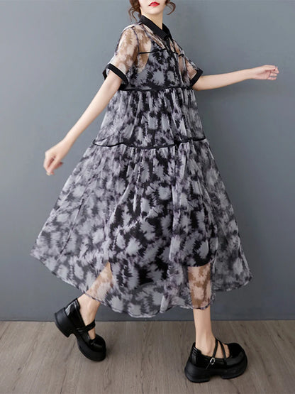 XITAO Print Patchwork Gauze Two Piece Dress Loose Short Sleeve Single Breasted New Temperament Summer Woman Dress ZMY1243