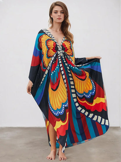 XITAO Pullover V-neck Loose Dress Butterfly Print Side Slit Bat Wing Sleeve Personality Loose Casual Summer Woman Dress GJ1154