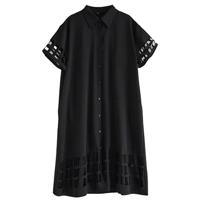 XITAO Hollow Out Patchwork Gauze Short Sleeve Dress Solid Color Turn-down Collar Loose Casual Mid-calf Slimming Dress GYX1621
