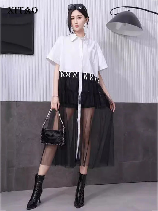 XITAO Patchwork Mesh Contrast Color Dress Casual Loose Fitting Short Sleeve New Single Breasted Summer Women Dress ZMY1072