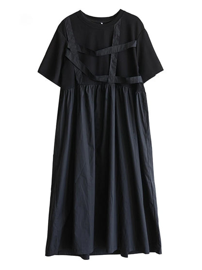 XITAO Asymmetric Pleated Patchwork O-neck Dress Casual Loose Fitting A-line Short Sleeve Thin Pullover Women Dress ZMY1044